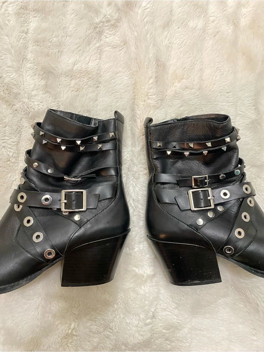 Zara Black Leather Studded Ankle Boots with Buckle Straps Size 8.5 (39)